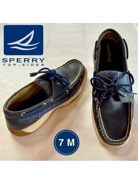 SPERRY TOP SIDER Women’s Blue Leather Adjustable-Tie Deck Boat Shoe EUC (7M)